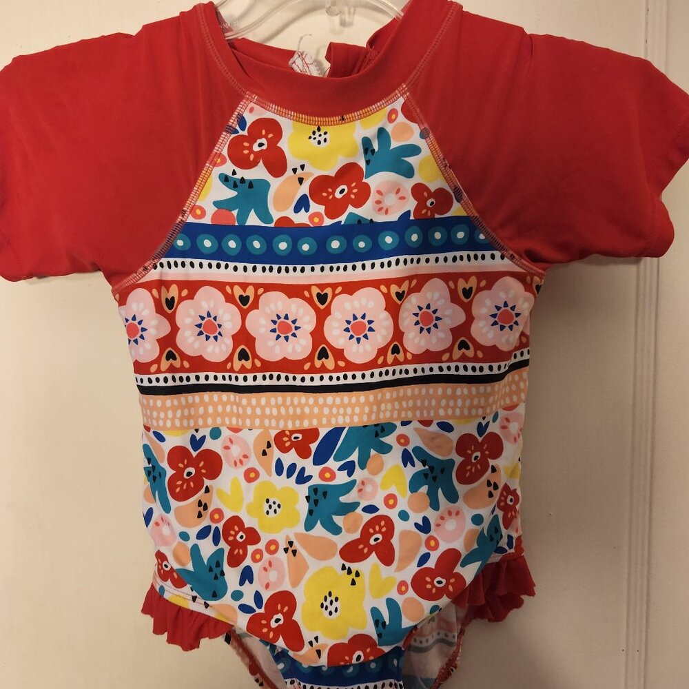 Youth girls FLOATIMINI size 6 zip up short sleeve floral one piece swimsuit